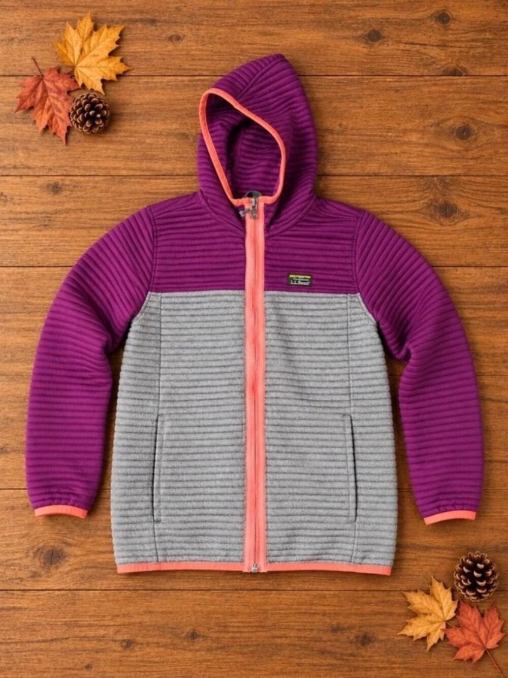 L.L.Bean Kids Airlight Full Zip Hoodie Colorblock Purple Gray Coral Size M